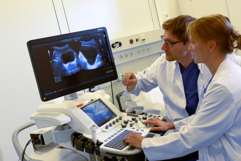 Prof. Neeße bespricht mit einer Ärztin eine Sonografie-Aufnahme am Computer.
