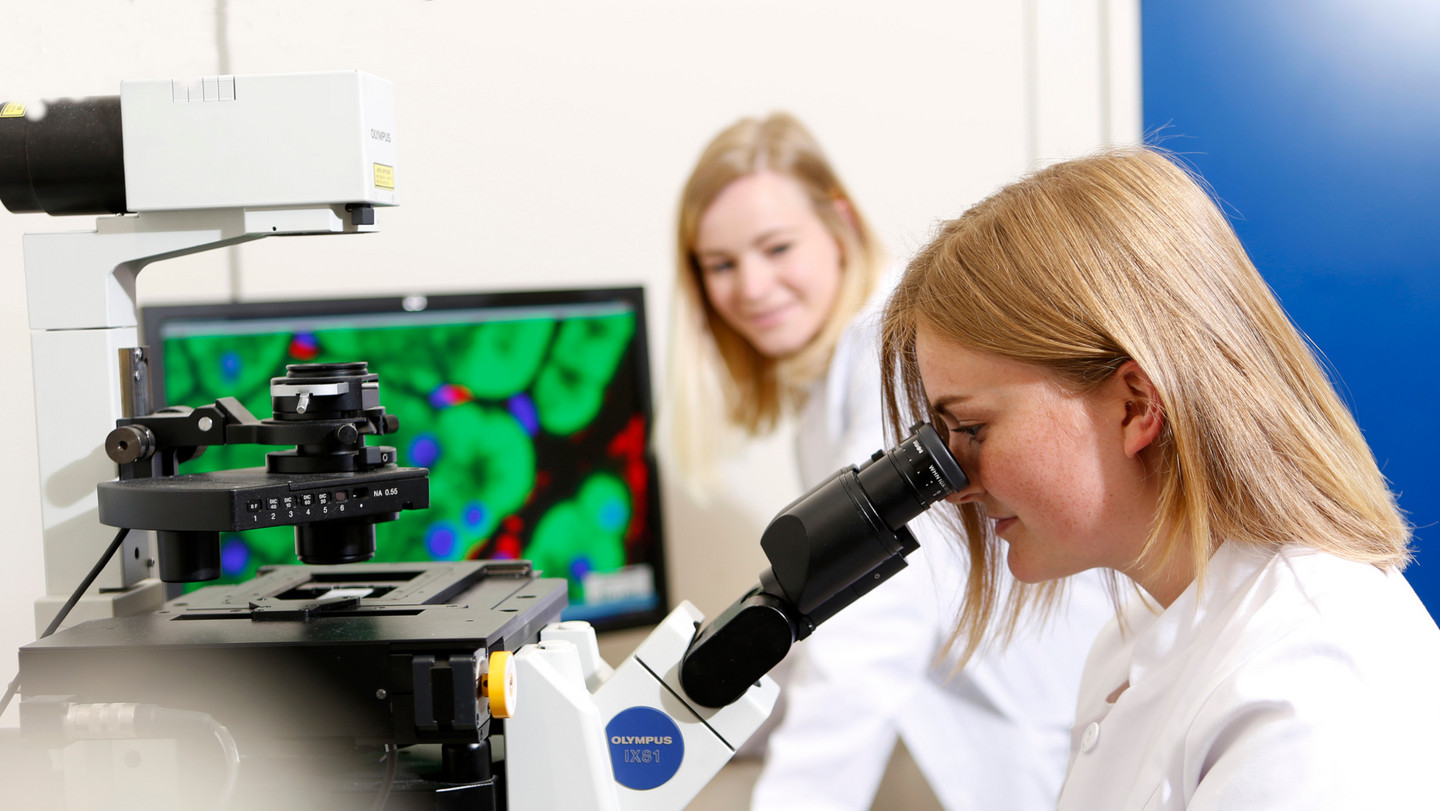 Eine junge Forscherin untersucht eine Probe unter dem Mikroskop.