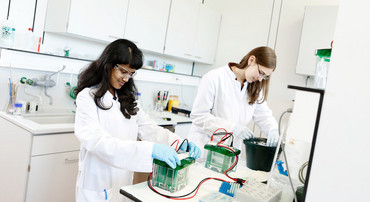 2 Forscherinnen im Labor bei der Arbeit.